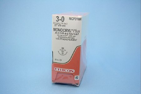 J & J Healthcare Systems Monocryl Plus Antibacterial Suture with Needle Absorbable Uncoated Violet Suture Poliglecaprone 25 with Irgacare MP Antibacterial Suture Size 3-0 27 Inch Suture 1-Needle 26 mm Length 1/2 Circle Taper Point Needle - CP316H