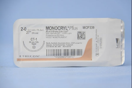 Monocryl Plus - Antibacterial Suture with Needle Absorbable Uncoated Violet Suture Poliglecaprone 25 with Irgacare MP Antibacterial Suture Size 2 - 0 27 Inch Suture 1-Needle 36 mm Length 1/2 Circle Taper Point Needle - MCP339H