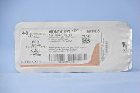 J&J Healthcare Systems Monocryl Plus Antibacterial Suture with Needle Absorbable Uncoated Undyed Suture Poliglecaprone 25 with Irgacare MP Antibacterial Suture Size 4-0 18 Inch Suture 1-Needle 13 mm Length 3/8 Circle Conventional Cutting Needle-MCP835G