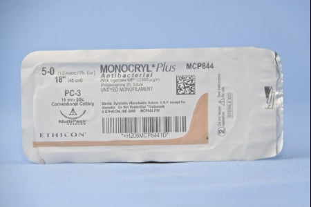 J & J Healthcare Systems Monocryl Plus Antibacterial Suture with Needle Absorbable Uncoated Undyed Suture Poliglecaprone 25 with Irgacare MP Antibacterial Suture Size 5-0 18 Inch Suture 1-Needle 16 mm Length 3/8 Circle Conventional Cutting Needle - CP844G