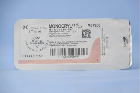 J & J Healthcare Systems Monocryl Plus Antibacterial Suture with Needle Absorbable Uncoated Undyed Suture Poliglecaprone 25 with Irgacare MP Antibacterial Suture Size 2-0 27 Inch Suture 1-Needle 36 mm Length 1/2 Circle Reverse Cutting Needle - CP266H