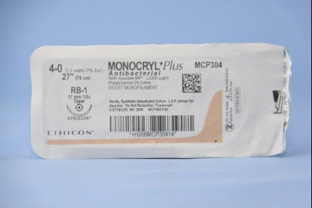 J & J Healthcare Systems Monocryl Plus Antibacterial Suture with Needle Absorbable Uncoated Violet Suture Poliglecaprone 25 with Irgacare MP Antibacterial Suture Size 4-0 27 Inch Suture 1-Needle 17 mm Length 1/2 Circle Taper Point Needle - CP304H