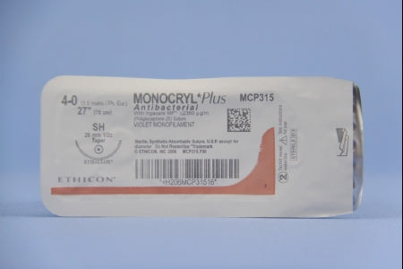 J & J Healthcare Systems Monocryl Plus Antibacterial Suture with Needle Absorbable Uncoated Violet Suture Poliglecaprone 25 with Irgacare MP Antibacterial Suture Size 4-0 27 Inch Suture 1-Needle 26 mm Length 1/2 Circle Taper Point Needle - CP315H