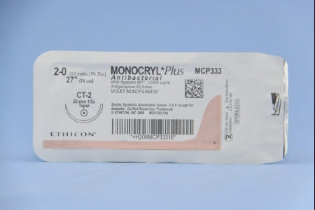 J & J Healthcare Systems Monocryl Plus Antibacterial Suture with Needle Absorbable Uncoated Violet Suture Poliglecaprone 25 with Irgacare MP Antibacterial Suture Size 2-0 27 Inch Suture 1-Needle 26 mm Length 1/2 Circle Taper Point Needle - CP317H