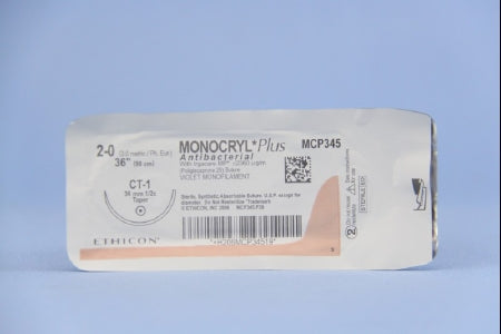 J & J Healthcare Systems Monocryl Plus Antibacterial Suture with Needle Absorbable Uncoated Violet Suture Poliglecaprone 25 with Irgacare MP Antibacterial Suture Size 2-0 36 Inch Suture 1-Needle 36 mm Length 1/2 Circle Taper Point Needle - CP345H