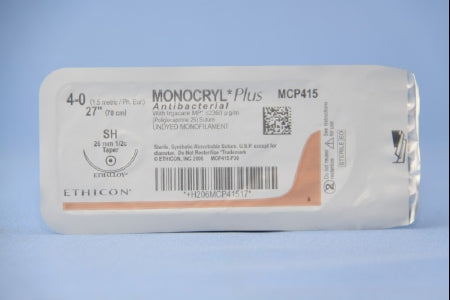J & J Healthcare Systems Monocryl Plus Antibacterial Suture with Needle Absorbable Uncoated Undyed Suture Poliglecaprone 25 with Irgacare MP Antibacterial Suture Size 4-0 27 Inch Suture 1-Needle 26 mm Length 1/2 Circle Taper Point Needle - CP415H