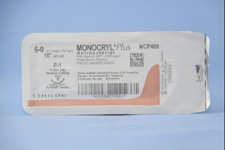 J & J Healthcare Systems Monocryl Plus Antibacterial Suture with Needle Absorbable Uncoated Undyed Suture Poliglecaprone 25 with Irgacare MP Antibacterial Suture Size 6-0 18 Inch Suture 1-Needle 11 mm Length 3/8 Circle Reverse Cutting Needle - CP489G