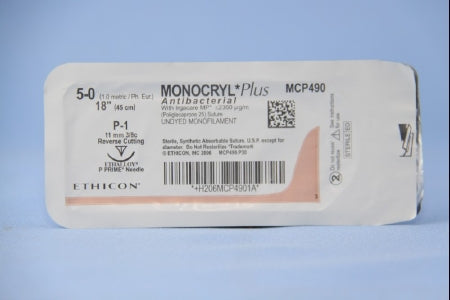 J & J Healthcare Systems Monocryl Plus Antibacterial Suture with Needle Absorbable Uncoated Undyed Suture Poliglecaprone 25 with Irgacare MP Antibacterial Suture Size 5-0 18 Inch Suture 1-Needle 11 mm Length 3/8 Circle Reverse Cutting Needle - CP490G