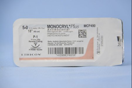 Monocryl Plus - Antibacterial Suture with Needle Absorbable Uncoated Undyed Suture Poliglecaprone 25 with Irgacare MP Antibacterial Suture Size 5 - 0 18 Inch Suture 1-Needle 11 mm Length 3/8 Circle Reverse Cutting Needle - MCP490G