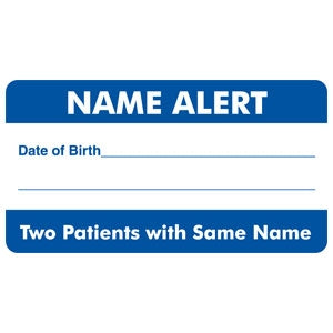 Tabbies Pre-Printed Label Advisory Label Name Alert / Date of Birth _______/ Two Patients With The Same Name Blue / White 1-3/4 X 3-1/4 Inch - AP5150