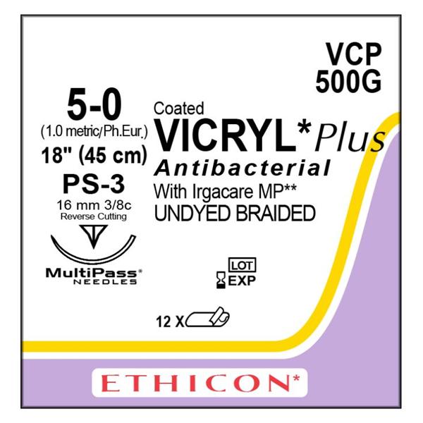 Ethicon Inc,a J & J Company Suture 5-0 Tcs/Pg910 Ps-3 Coated Vicryl Plus Undyed 18" Braid 12/Bx - VCP500G