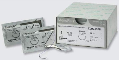 Aesculap MonoPlus Suture with Needle Absorbable Uncoated Violet Suture Monofilament Polydioxanone Size 4-0 45 cm Suture 1-Needle 19 mm Length 3/8 Circle Reverse Cutting Needle - C0024907