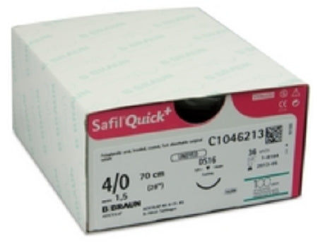 Aesculap Safil Suture with Needle Absorbable Coated Undyed Suture Braided Polyglycolic Acid Suture Size 4-0 70 cm Suture 1-Needle 19 mm Length 3/8 Circle Reverse Cutting Needle - C1049420