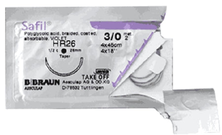 Aesculap Safil Suture with Needle Absorbable Coated Undyed Suture Braided Polyglycolic Acid Suture Size 3-0 45 cm Suture 1-Needle 19 mm Length 3/8 Circle Reverse Cutting Needle - C1049630