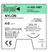 Surgical Specialties Sharpoint Suture with Needle Nonabsorbable Uncoated Black Suture Monofilament Nylon Size 4-0 18 Inch Suture 1-Needle 19 mm Length 3/8 Circle Dermaglide Needle - AD-1667