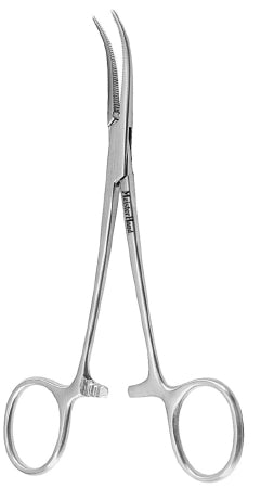 Miltex MeisterHand Hemostatic Forceps Dandy 5-1/2 Inch Surgical Grade Stainless Steel (German) NonSterile Ratchet Lock Finger Ring Handle Curved Sideways Serrated Tips - H7-102