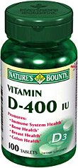 US Nutrition Nature's Bounty Vitamin Supplement Vitamin D3 400 IU Strength Tablet 100 per Bottle - 74312001140