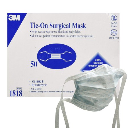 3M - Surgical Mask Pleated Tie Closure One Size Fits Most White NonSterile Not Rated Adult - 1818