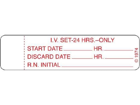 Shamrock Scientific Pre-Printed Label Anesthesia Label I.V. SET - 24 HRS. - ONLY / START DATE_____ HR._____ / DISCARD DATE_____ HR._____ / R.N. INITIAL_____ White 3/4 X 3 Inch - IV-1
