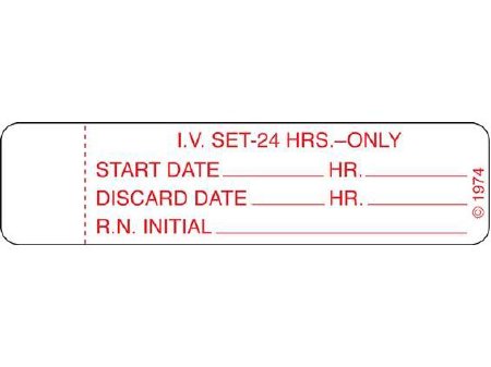 Shamrock - Pre-Printed Label Advisory Label White Paper I.V. SET – 24 HRS. – ONLY / START DATE_____ HR._____ / DISCARD DATE_____ HR._____ / R.N. INITIAL_____ Red IV Tube 3/4 X 3 Inch - IV-1