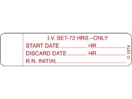 Shamrock - Pre-Printed Label Advisory Label White Paper I.V. SET – 72 HRS. – ONLY / START DATE_____ HR._____ / DISCARD DATE_____ HR._____ / R.N. INITIAL_____ Red IV Tube 3/4 X 3 Inch - IV-4