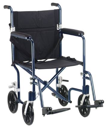 Drive Medical Lightweight Transport Chair Aluminum Frame with Blue Finish 300 lbs. Weight Capacity Fixed Height / Padded Arm Black - FW19BL
