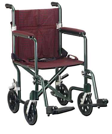 Drive Medical Lightweight Transport Chair Aluminum Frame with Green Finish 300 lbs. Weight Capacity Fixed Height / Padded Arm Burgundy Plaid - FW19BG