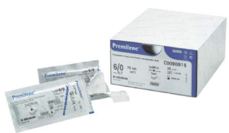 Aesculap Premilene Suture with Needle Nonabsorbable Uncoated Blue Suture Monofilament Polypropylene Suture Size 7-0 60 cm Suture Double-Armed 10 mm Length 3/8 Circle Round Bodied Needle with Short Cutting Tip - G0090611