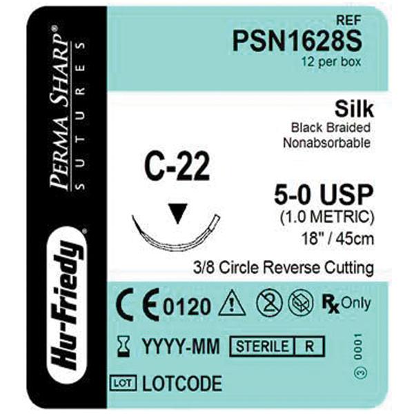 Hu-Friedy (Hufriedy) Suture 5-0 Silk C-22 Perma Sharp Black 18" Braid 12/Bx - PSN1628S
