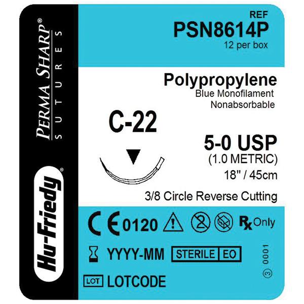 Hu-Friedy (Hufriedy) Suture 5-0 Polypropylene C-22 Perma Sharp Blue 18" Monofilament 12/Bx - PSN8614P