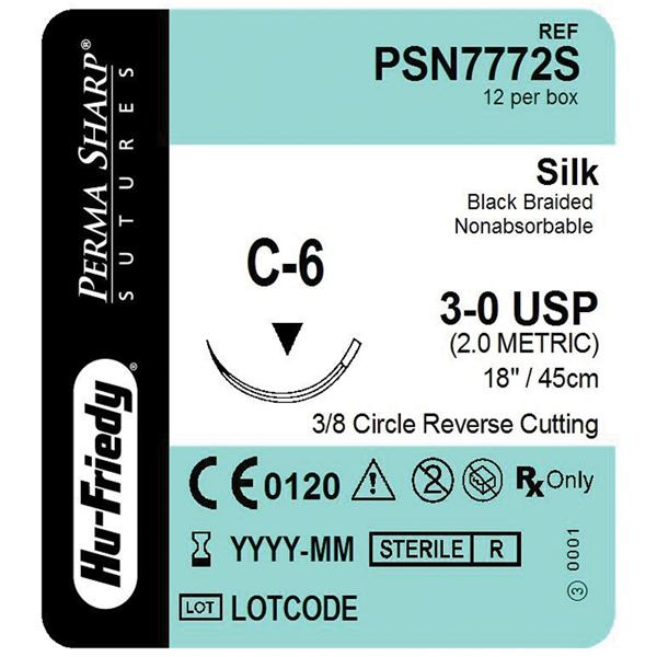 Hu-Friedy (Hufriedy) Suture 3-0 Silk C-6 Perma Sharp Black 18" Braid 12/Bx - PSN7772S