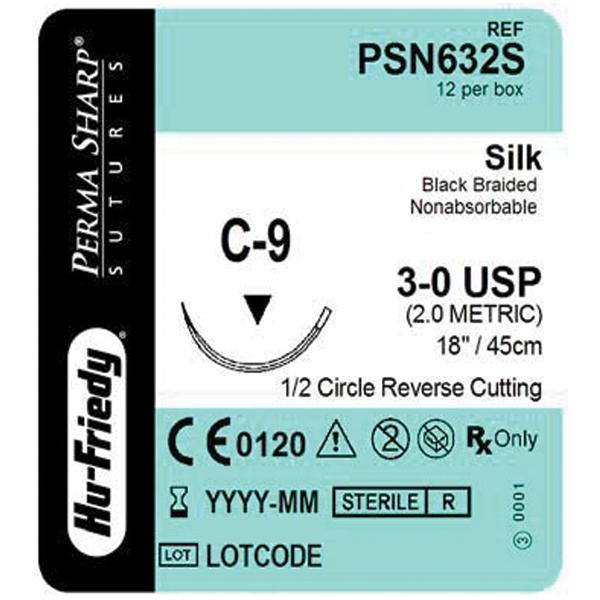 Hu-Friedy (Hufriedy) Suture 3-0 Silk C-9 Perma Sharp Black 18" Braid 12/Bx - PSN632S
