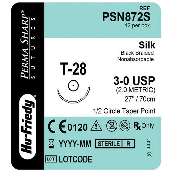 Hu-Friedy (Hufriedy) Suture 3-0 Silk T-28 Perma Sharp Black 27" Braid 12/Bx - PSN872S