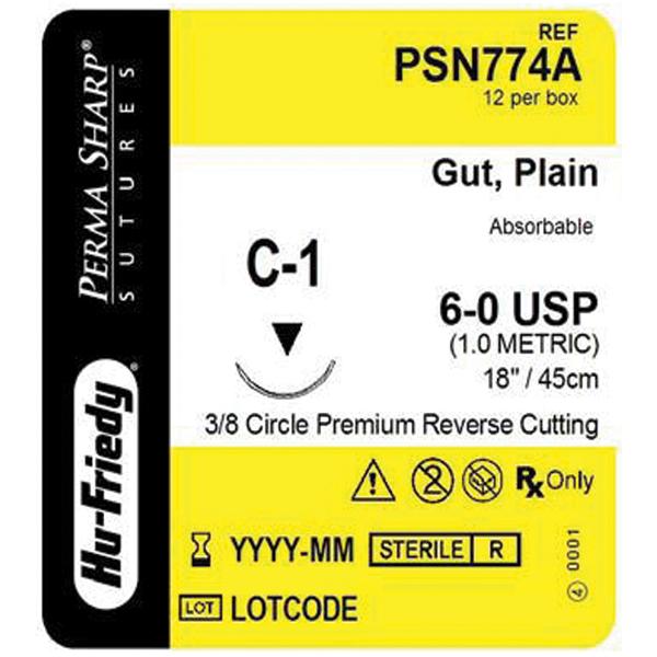 Hu-Friedy (Hufriedy) Suture 6-0 Plain Gut C-1 Perma Sharp Undyed 18" Monofilament 12/Bx - PSN774A