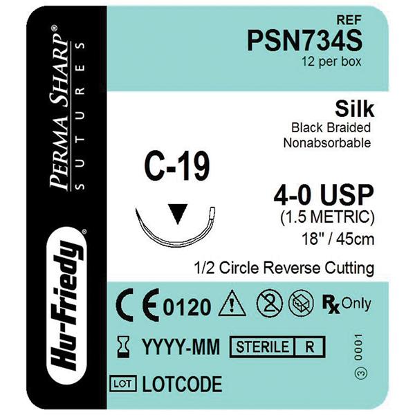 Hu-Friedy (Hufriedy) Suture 4-0 Silk C-19 Perma Sharp Black 18" Braid 12/Bx - PSN734S
