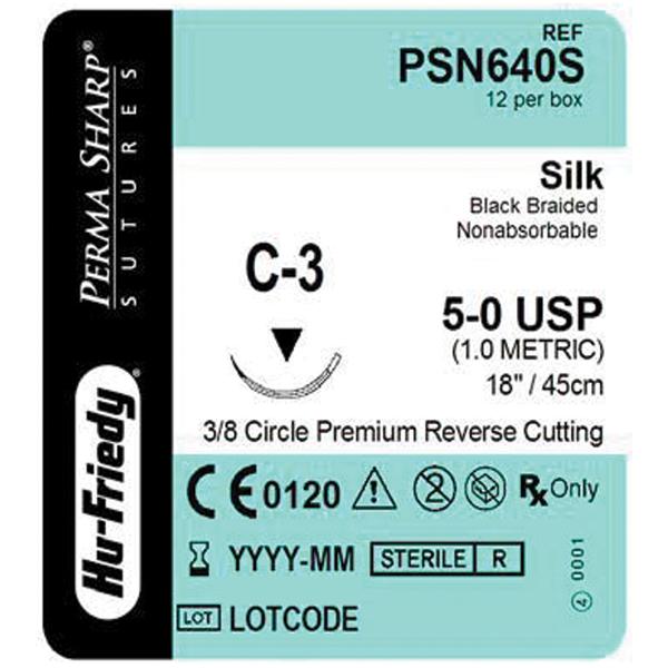 Hu-Friedy (Hufriedy) Suture 5-0 Silk C-3 Perma Sharp Black 40" Braid 12/Bx - PSN640S
