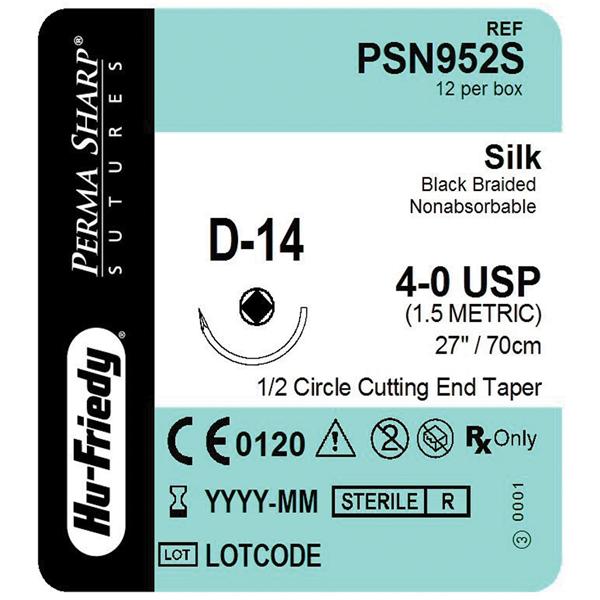 Hu-Friedy (Hufriedy) Suture 4-0 Silk D-14 Perma Sharp Black 27" Braid 12/Bx - PSN952S