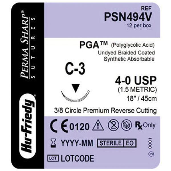 Hu-Friedy (Hufriedy) Suture 4-0 Polyglycolic Acid C-3 Perma Sharp Undyed 18" Braid 12/Pk - PSN494V