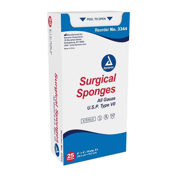 Dynarex Corporation Sponge Surgical Gauze 100% Cotton 4X4" 8 Ply Sterile Lf 25/Bx, 24 Bx/Ca - 3342