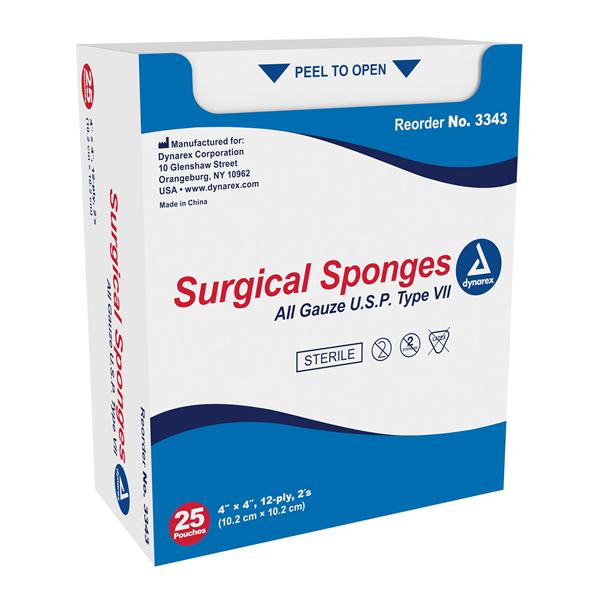 Dynarex Corporation Sponge Surgical Gauze 100% Cotton 4X4" 12 Ply Sterile Lf 25/Bx, 24 Bx/Ca - 3343