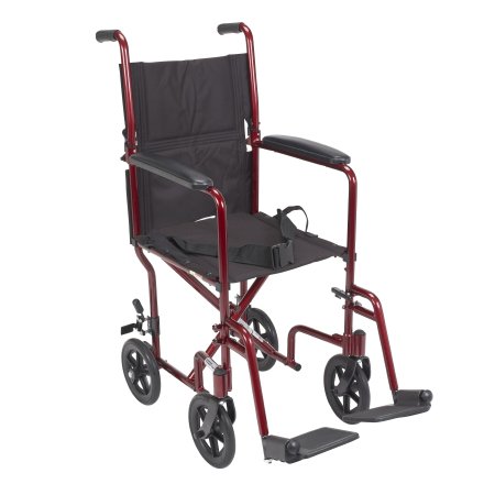 Drive Medical - Lightweight Transport Chair Aluminum Frame with Red Finish 300 lbs. Weight Capacity Fixed Height / Padded Arm Black Upholstery - ATC17-RD