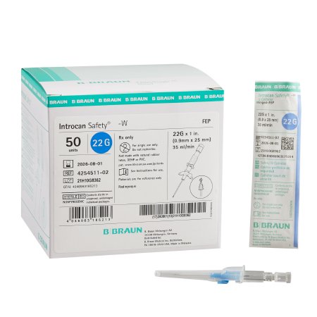 Introcan Safety - Peripheral IV Catheter 22 Gauge 1 Inch Sliding Safety Needle - 4254511-02