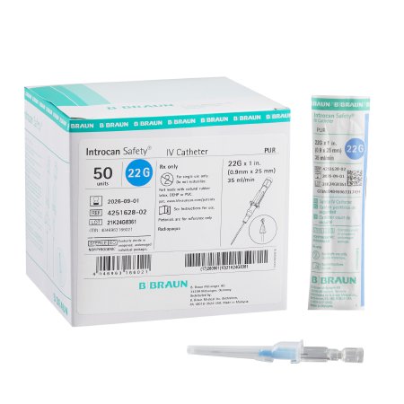 Introcan Safety - Peripheral IV Catheter 22 Gauge 1 Inch Sliding Safety Needle - 4251628-02