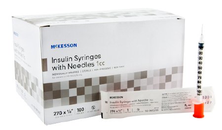 McKesson McKesson Insulin Syringe with Needle 1 mL 27 Gauge 1/2 Inch Attached Needle Without Safety - 102-SN1C2705
