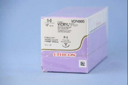 J & J Healthcare Systems Coated Vicryl Plus Suture with Needle Absorbable Coated Undyed Suture Braided Polyglactin 910 Size 5-0 18 Inch Suture 1-Needle 11 mm Length 3/8 Circle Precision Point - Reverse Cutting Needle - VCP490G