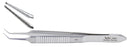Miltex Miltex Micro Corneal Suture Forceps McPherson 3-1/2 Inch OR Grade Stainless Steel (German) NonSterile NonLocking Thumb Handle Angled 0.2 mm Tips w/1 X 2 Teeth and Tying Platform - 18-838