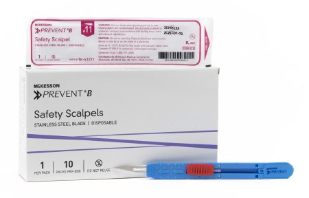 McKesson Prevent B - Safety Scalpel No. 11 Stainless Steel / Plastic Sensory Grip Handle Sterile Disposable - 16-63211