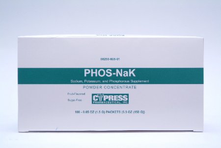 Cypress Pharmaceutical Phos-NaK Dietary Supplement Sodium / Potassium / Phosphorus 160 mg - 280 mg - 250 mg Strength Oral Powder 100 per Pack Assorted Fruit Flavors - 60258000601
