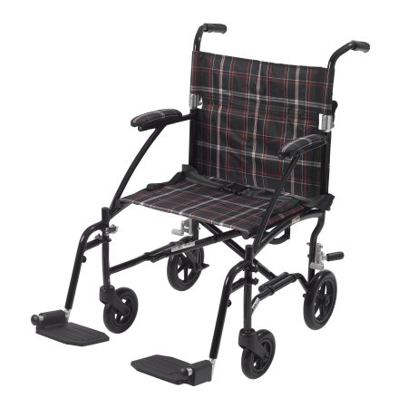 drive Fly-Lite - Transport Wheelchair Aluminum Frame with Black Finish 300 lbs. Weight Capacity Full Length / Fixed Height / Padded Arm Black / White / Red Plaid Upholstery - DFL19-BLK