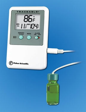 PANTek Technologies LLC Fisher Scientific Refrigerator / Freezer Thermometer Fahrenheit / Celsius -58° to +158°F (-50° to +70°C) Bottle Probe Wall / Door Mount Battery Operated - S66277